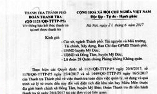 H&agrave; Nội kết th&uacute;c việc thanh tra đất đai tại x&atilde; Đồng T&acirc;m