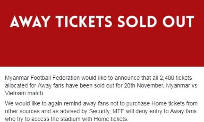 Myanmar đ&atilde; b&aacute;n hết sạch v&eacute; d&agrave;nh cho CĐV Việt Nam