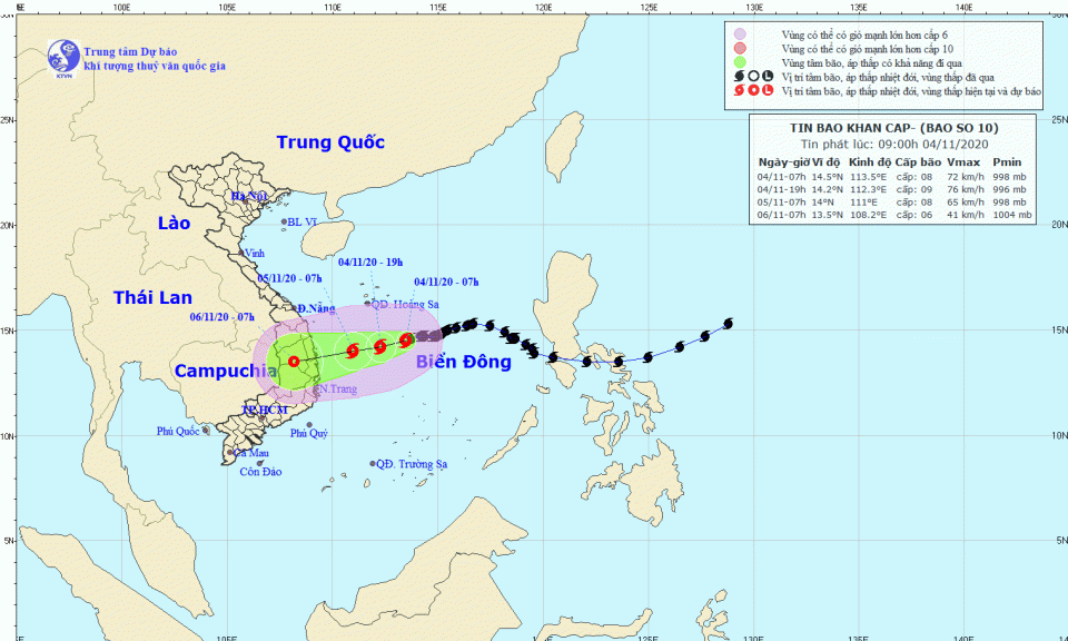 B&atilde;o số 10 tiến gần đất liền, từ đ&ecirc;m 4/11 c&aacute;c tỉnh miền Trung c&oacute; mưa rất to