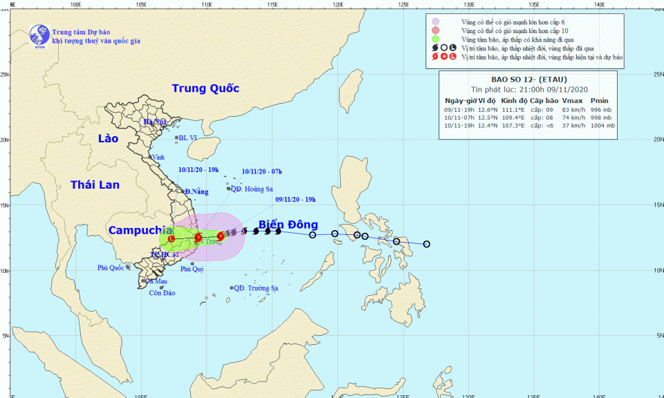S&aacute;ng 10/11, b&atilde;o số 12 đổ bộ B&igrave;nh Định đến Ninh Thuận g&acirc;y mưa to v&agrave; gi&oacute; lớn