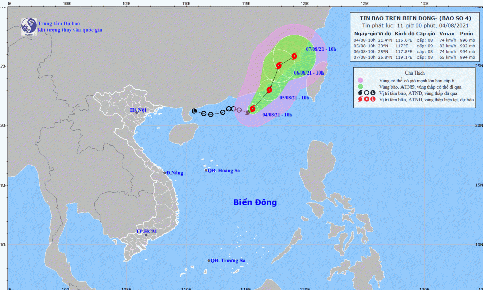 B&atilde;o số 4 di chuyển theo hướng Đ&ocirc;ng Bắc và có khả năng mạnh th&ecirc;m