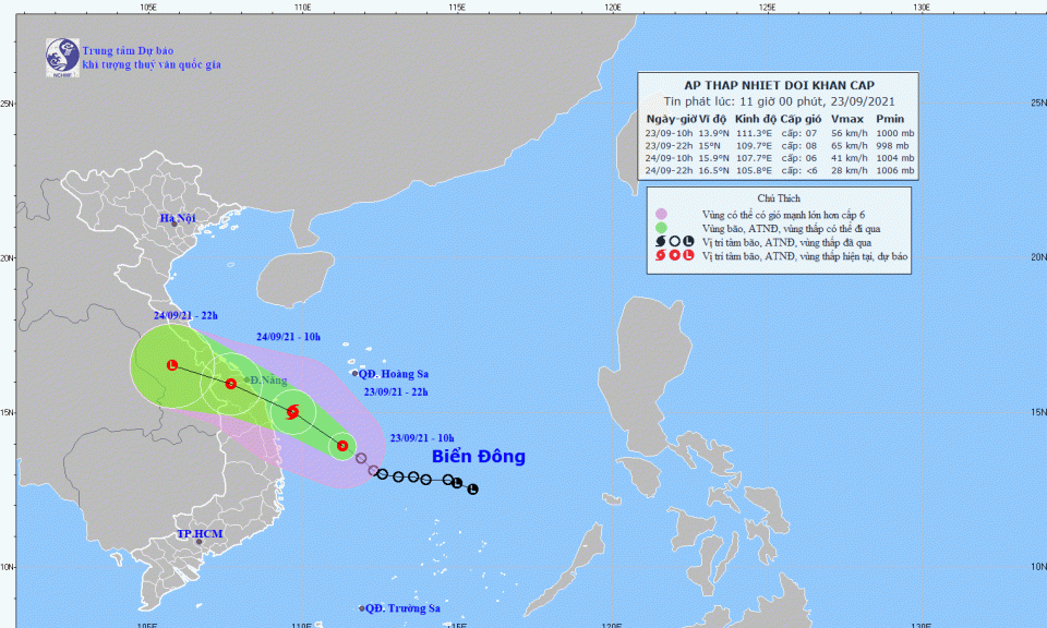 Đ&ecirc;m 23/9, &aacute;p thấp nhiệt đới đi v&agrave;o v&ugrave;ng biển từ Đ&agrave; Nẵng đến B&igrave;nh Định