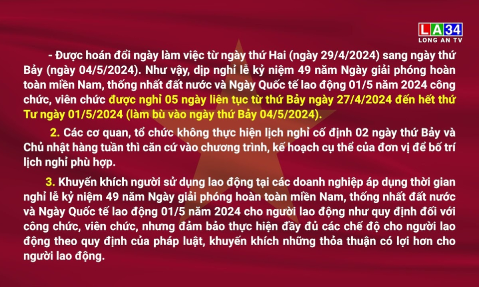 Th&ocirc;ng b&aacute;o treo cờ Tổ quốc, nghỉ Lễ giỗ Tổ H&ugrave;ng Vương, ng&agrave;y 30/4 v&agrave; 01/5