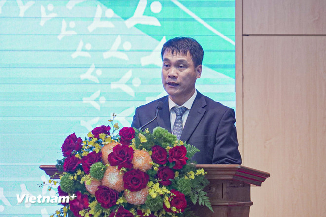 Tổng Thư ký Liên đoàn Bóng chuyền Việt Nam Lê Trí Trường nhấn mạnh Đội tuyển Bóng chuyền Nữ Việt Nam sẽ quyết tâm giành huy chương Vàng tại SEA Games 33. (Ảnh: Việt Anh/Vietnam+)