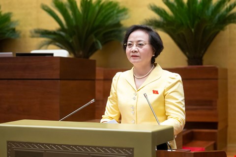 Bộ trưởng Bộ Nội vụ - Phạm Thị Thanh Trà thừa ủy quyền của Thủ tướng Chính phủ trình Quốc hội dự án Luật Cán bộ, công chức (sửa đổi)