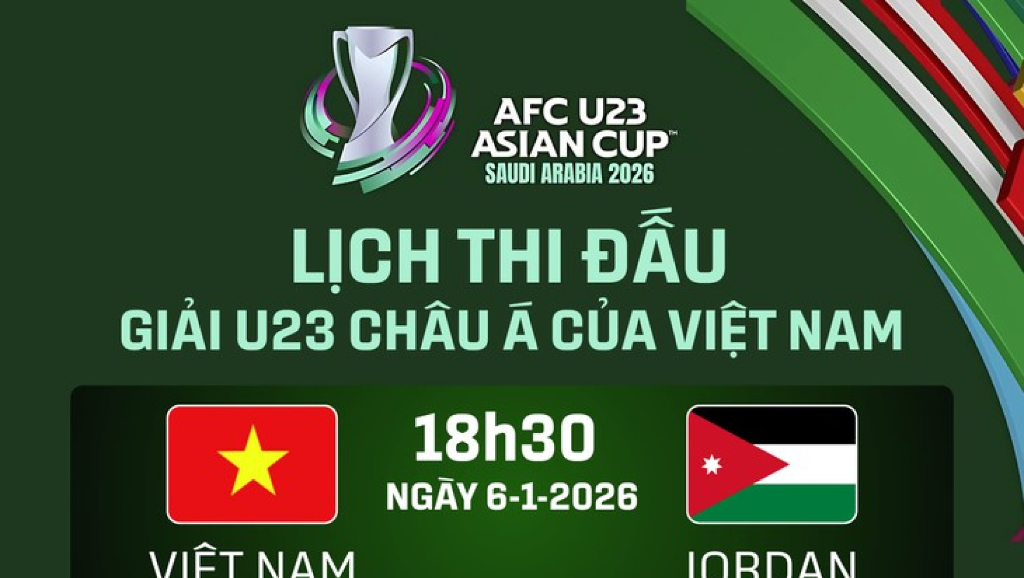 Lịch thi đấu Giải U23 ch&acirc;u &Aacute; 2026 của U23 Việt Nam