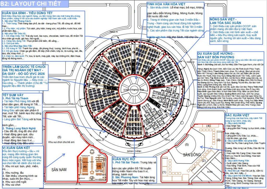 Sơ đồ bố trí tổng thể các phân khu chức năng tại Hội chợ Mùa Xuân lần thứ I – năm 2026 tại Trung tâm Triển lãm quốc gia Việt Nam
