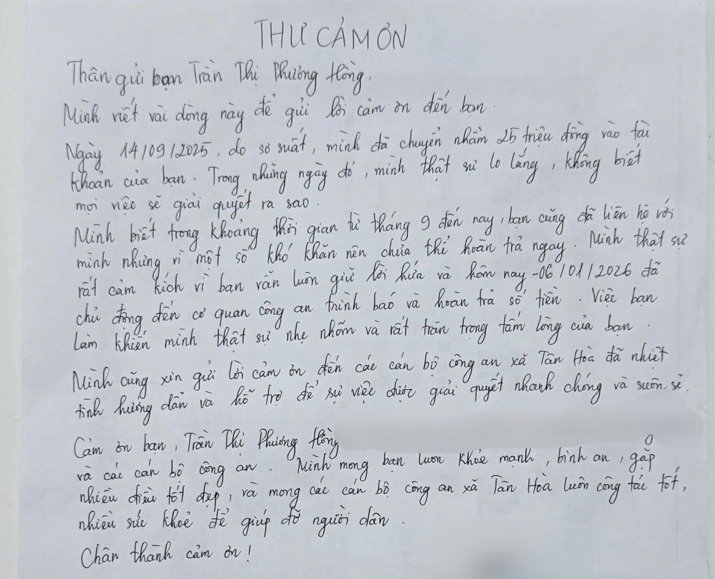 Thư cảm ơn Công an xã Tân Hoà và chị Trần Thị Phương Hồng
