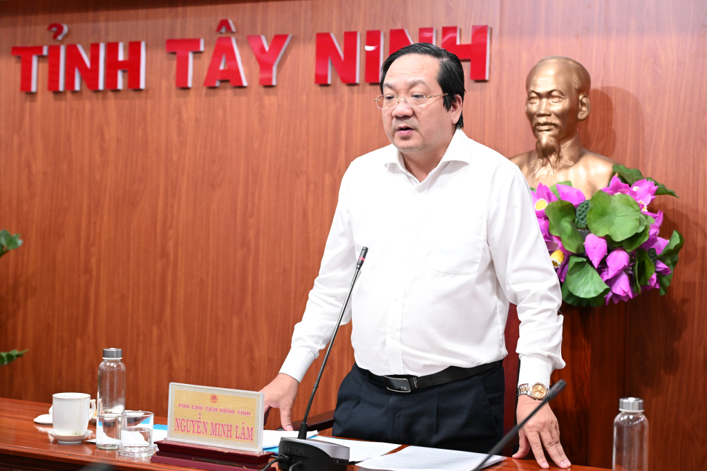 Ủy viên Ban Thường vụ Tỉnh ủy, Phó Chủ tịch UBND tỉnh Nguyễn Minh Lâm phát biểu tại cuộc họp