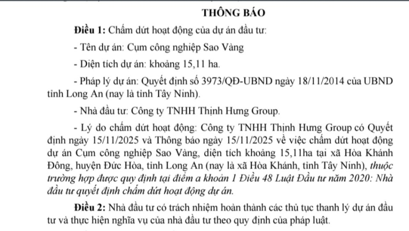 Chấm dứt hoạt động dự &aacute;n Cụm c&ocirc;ng nghiệp Sao V&agrave;ng tại T&acirc;y Ninh