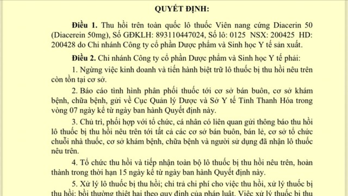 Thu hồi to&agrave;n quốc l&ocirc; thuốc vi&ecirc;n nang cứng Diacerin 50 do vi phạm chất lượng