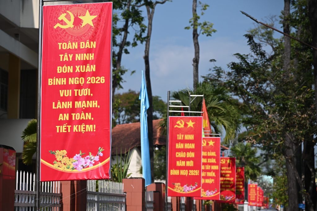 Những ngày này trên các tuyến đường, khu vực công cộng đồng loạt treo băng rôn, biểu ngữ, đỏ thắm sắc cờ chào xuân Bính Ngọ, mừng Đảng quang vinh