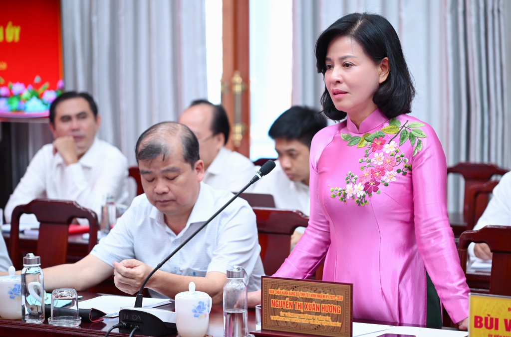 Uỷ viên Ban Thường vụ, Trưởng Ban Tuyên giáo và Dân vận Tỉnh uỷ Tây Ninh Nguyễn Thị Xuân Hương phát biểu tại cuộc họp