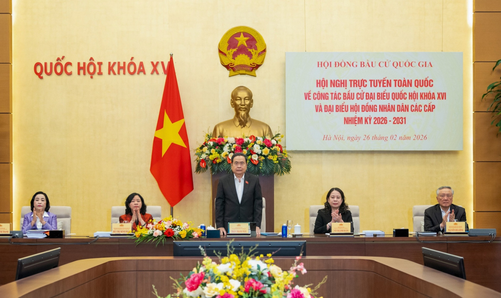 Chủ tịch Quốc hội, Chủ tịch Hội đồng Bầu cử quốc gia Trần Thanh Mẫn phát biểu kết luận hội nghị. (Ảnh: DUY LINH)