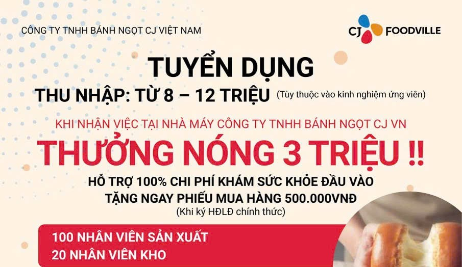C&ocirc;ng ty TNHH B&aacute;nh ngọt CJ Việt Nam tuyển dụng