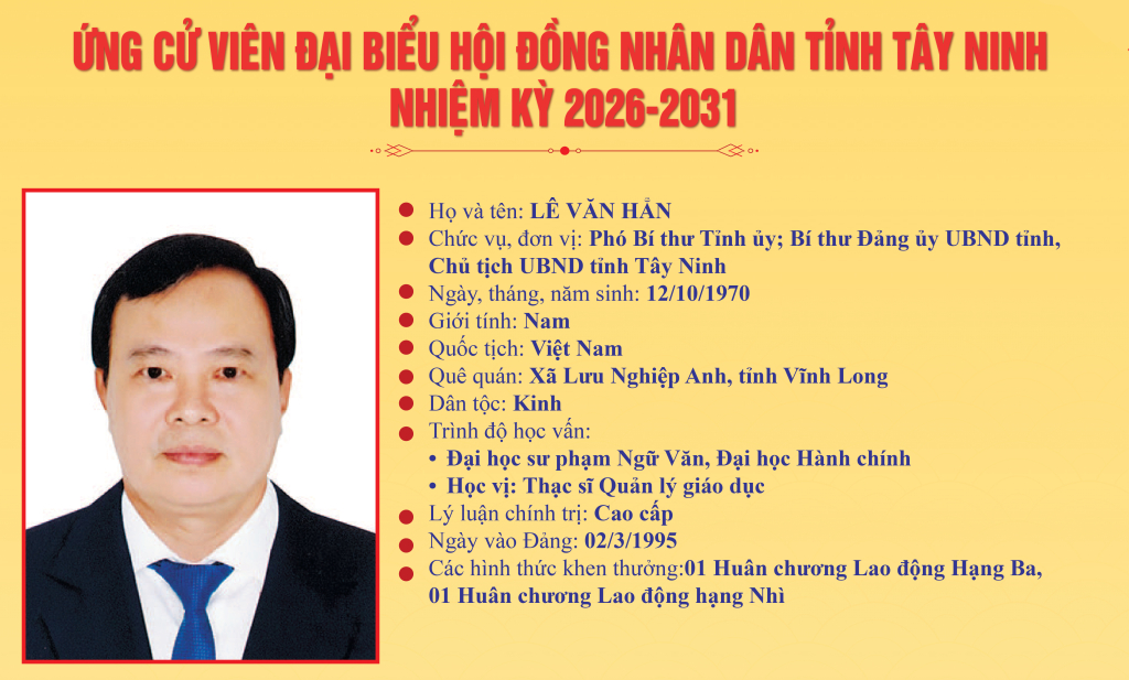 T&oacute;m tắt qu&aacute; tr&igrave;nh c&ocirc;ng t&aacute;c v&agrave; chương tr&igrave;nh h&agrave;nh động của người ứng cử đại biểu HĐND tỉnh T&acirc;y Ninh nhiệm kỳ 2026-2031: Đồng ch&iacute; L&ecirc; Văn Hẳn