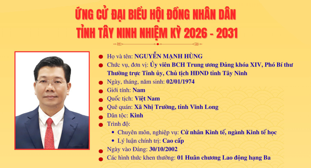 T&oacute;m tắt qu&aacute; tr&igrave;nh c&ocirc;ng t&aacute;c v&agrave; chương tr&igrave;nh h&agrave;nh động của người ứng cử đại biểu HĐND tỉnh T&acirc;y Ninh nhiệm kỳ 2026-2031: Đồng ch&iacute; Nguyễn Mạnh H&ugrave;ng