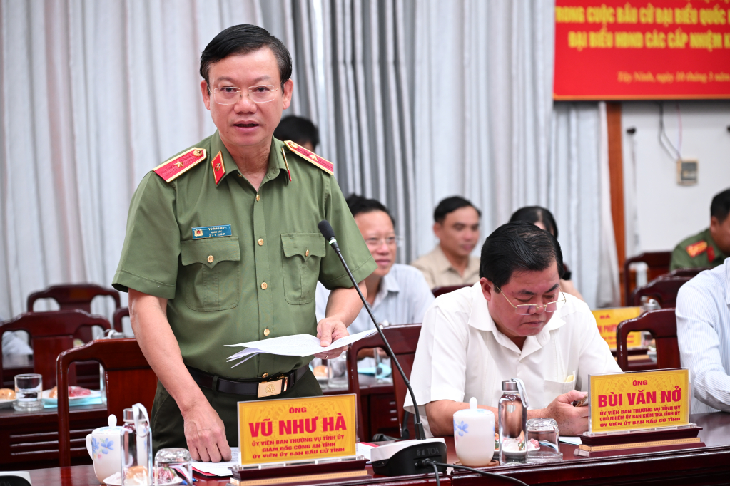 Thiếu tướng Vũ Như Hà - Uỷ viên Ban Thường vụ Tỉnh uỷ, Giám đốc Công an tỉnh Tây Ninh phát biểu tại buổi làm việc