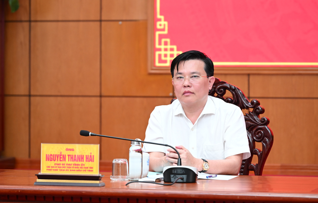 Phó Bí thư Tỉnh ủy, Chủ tịch Ủy ban MTTQ Việt Nam tỉnh Nguyễn Thanh Hải chủ chủ trì cuộc họp tại điểm cầu trung tâm tỉnh