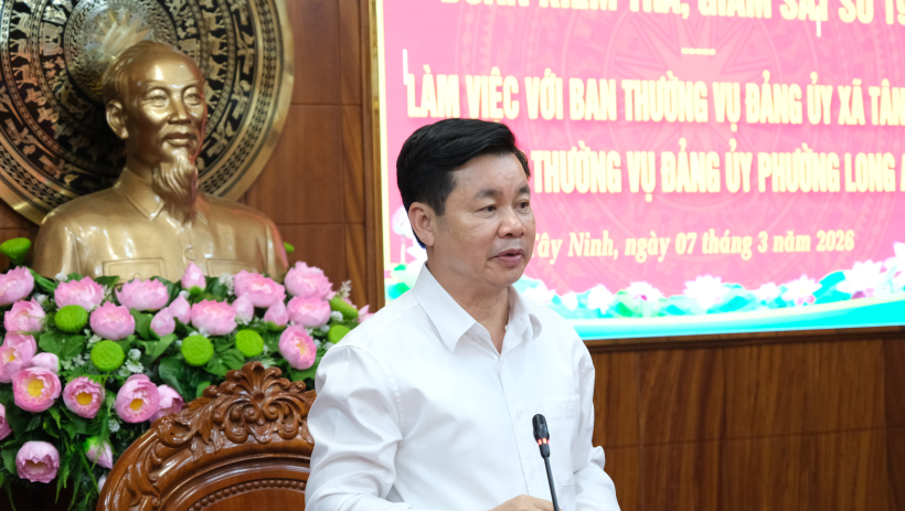 Đo&agrave;n kiểm tra, gi&aacute;m s&aacute;t của Bộ Ch&iacute;nh trị, Ban B&iacute; thư l&agrave;m việc với x&atilde; T&acirc;n Trụ v&agrave; phường Long An