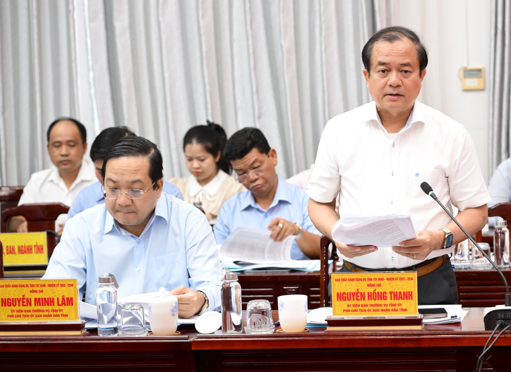 Uỷ viên Ban Thường vụ Tỉnh uỷ, Phó Bí thư Thường trực Đảng uỷ UBND tỉnh, Phó Chủ tịch UBND tỉnh Nguyễn Hồng Thanh báo cáo tình hình thực hiện các kết luận của Ban Thường vụ Tỉnh ủy.