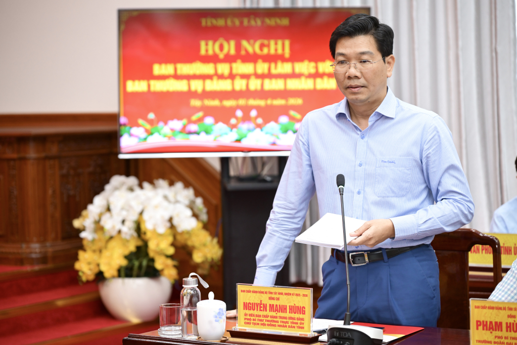 Uỷ viên Ban Chấp hành Trung ương Đảng, Phó Bí thư Thường trực Tỉnh uỷ, Chủ tịch HĐND tỉnh Nguyễn Mạnh Hùng phát biểu tại buổi làm việc