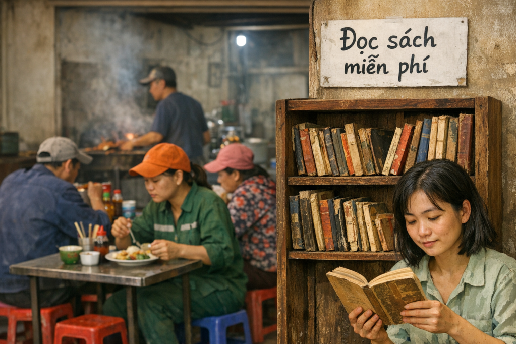 Kệ sách ở quán cơm tấm